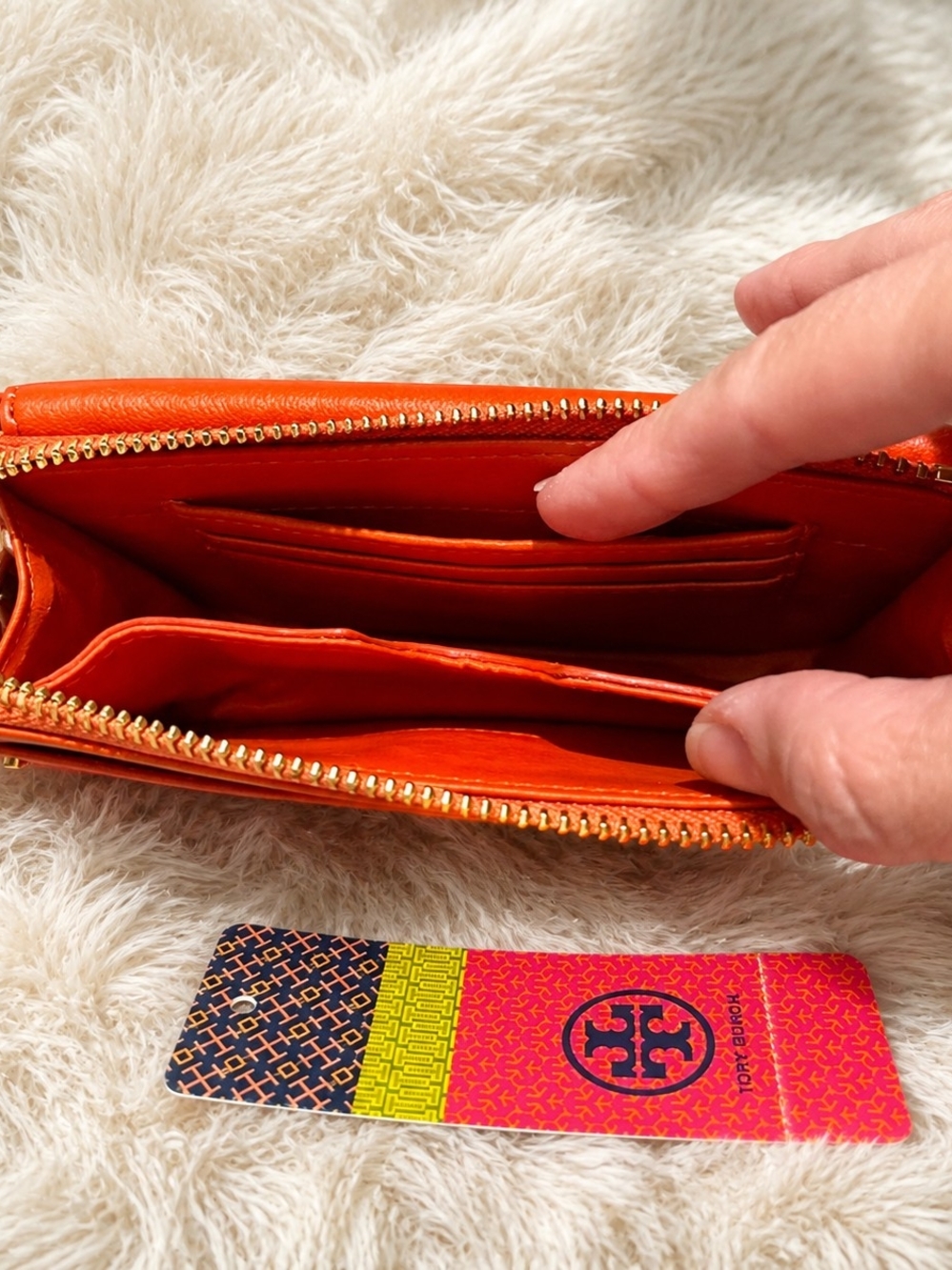 Tory Burch Bright Orange Zip Wallet with Pink Logo Card - Picture 2 of 3